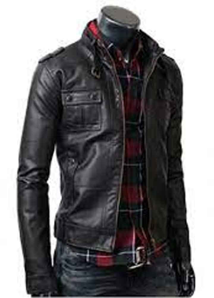 MENS STRAP POCKET BLACK LEATHER JACKET